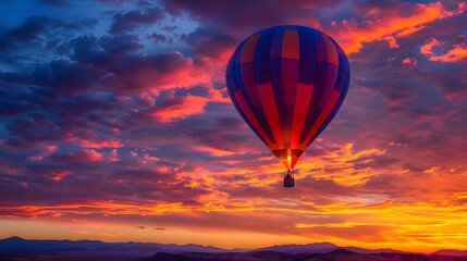 Obraz premium Hot Air Balloon at Sunrise: A vibrant hot air balloon floating gracefully in the sky at sunrise. 