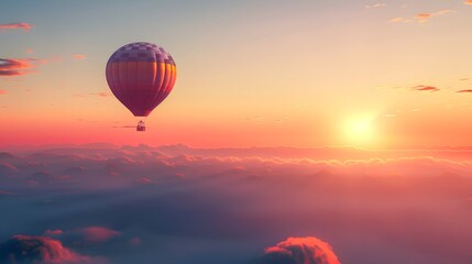 Fototapeta premium Hot Air Balloon at Sunrise: A vibrant hot air balloon floating gracefully in the sky at sunrise. 