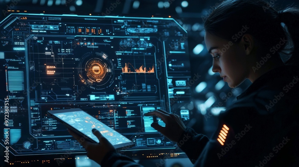 Aufkleber Female multi-ethnic government worker uses tablet computer in System Control Monitoring Center. In the background, her coworkers view numerous displays showing technical data in their workspaces.
