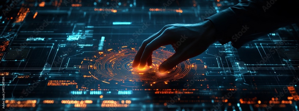 Poster conceptual image for next generation technology era of a woman touching a digital transformation.