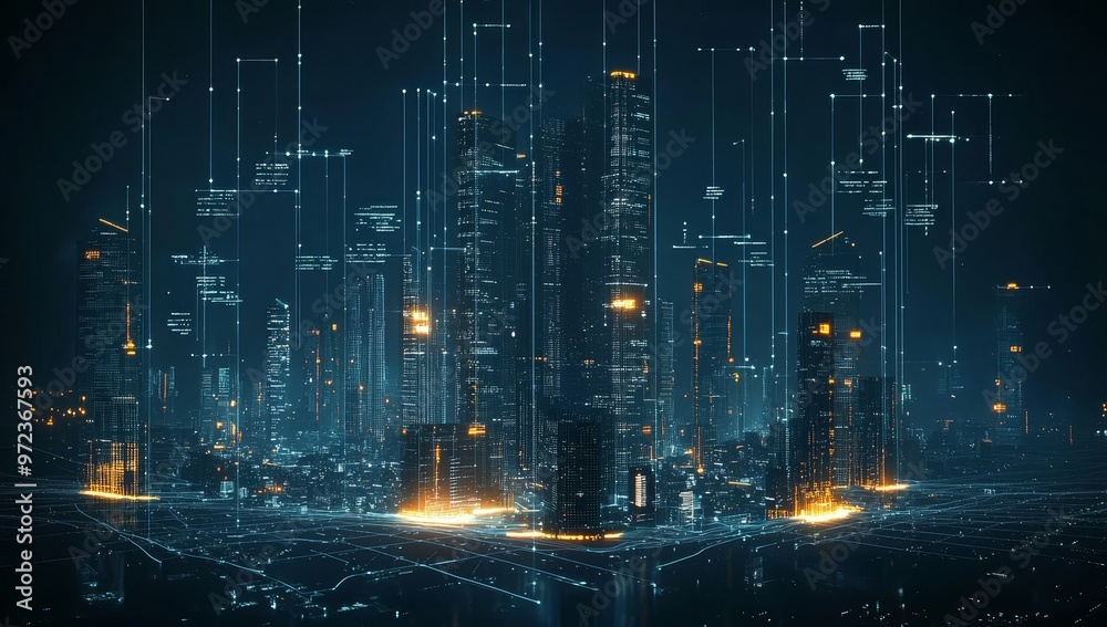 Aufkleber Cityscape with wireless network connection and cityscape. Big data connection technology concept. Wireless network and connection technology concept with city background at night.
