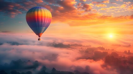 Fototapeta premium Hot Air Balloon at Sunrise: A vibrant hot air balloon floating gracefully in the sky at sunrise. 