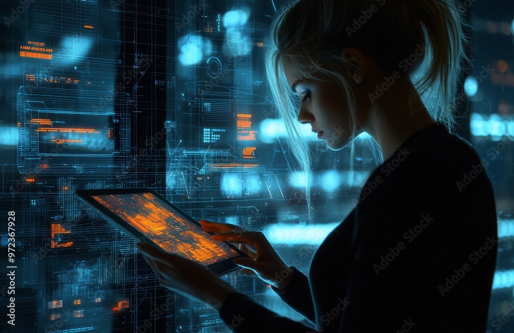 Poster in an office, a woman makes use of technology to research the internet and web for a startup project