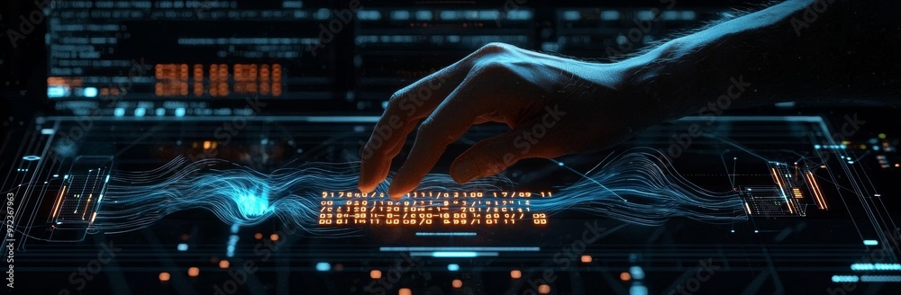 Aufkleber Computer programmer, software engineer coding on laptop with data center, database, computer server. A concept of data management and digital technology.