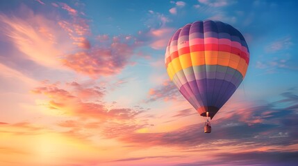 Fototapeta premium Hot Air Balloon at Sunrise: A vibrant hot air balloon floating gracefully in the sky at sunrise. 