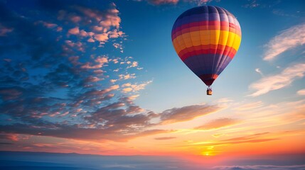 Fototapeta premium Hot Air Balloon at Sunrise: A vibrant hot air balloon floating gracefully in the sky at sunrise. 