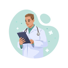 A doctor holding a clipboard, wearing a white coat and stethoscope, on a green abstract background. Concept of healthcare professional. Vector illustration