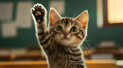 The kitten is raising its paw to answer a question in class 4
