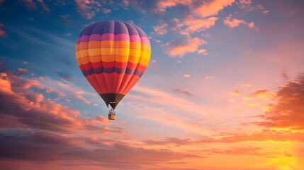 Obraz premium Hot Air Balloon at Sunrise: A vibrant hot air balloon floating gracefully in the sky at sunrise. 