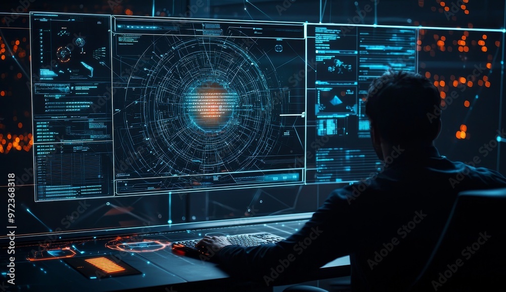 Poster Businessman with computer, hologram and touchscreen at night, analyzing data, coding and programming. IT person with computer, holographic overlay, researching information technology.