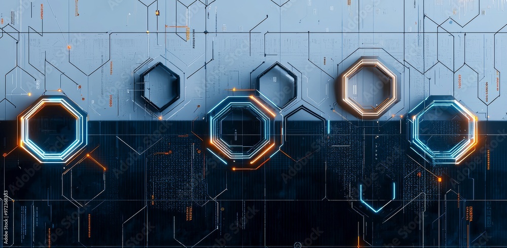 Poster An abstract blue computer technology background has hexagon circuit boards and circles in technology illustrations.