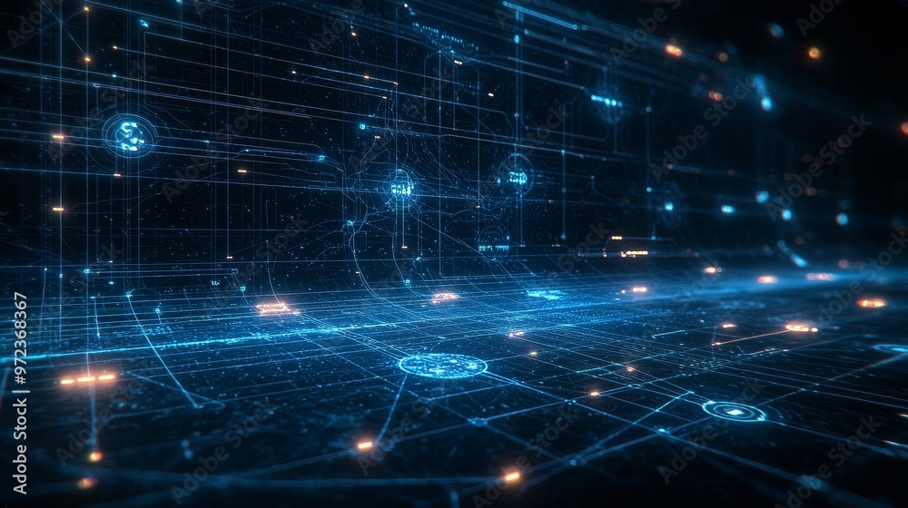 Poster Abstract blue background with a network grid and particles connected. Stock AIG21.