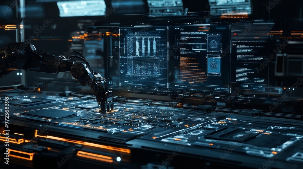 Poster An electronic devices manufacturing factory with fully automated PCB assembly lines and high precision robot arms. Electronic components installation and quality control.