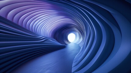 Obraz premium A surreal tunnel illuminated by soft light, featuring flowing, abstract textures in deep shades of blue and purple. Product presentation background.