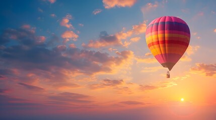 Fototapeta premium Hot Air Balloon at Sunrise: A vibrant hot air balloon floating gracefully in the sky at sunrise. 