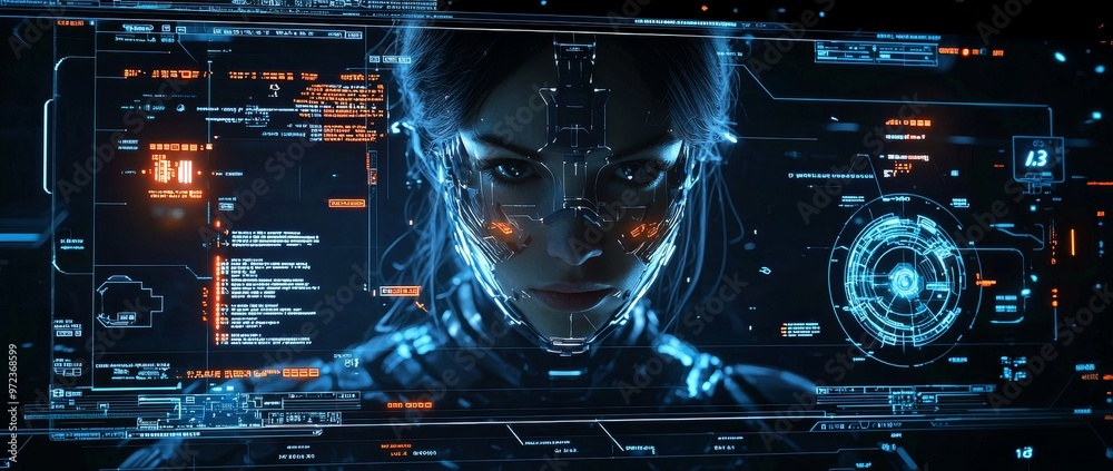 Poster The idea of a futuristic sci-fi AI cyber supercomputer. Future technology cyberspace. A humanoid cyborg with a bionic hand.