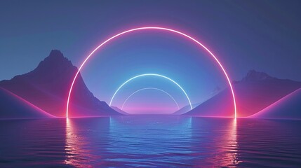 A vibrant, neon landscape featuring glowing arches over tranquil water and mountains, creating a stunning visual experience.