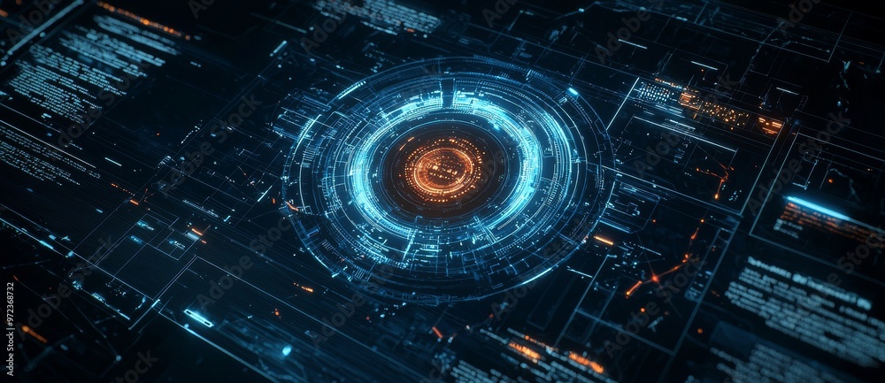 Fototapete A blur concept embodies the future of technology within cyber security with an abstract representation of high speed digital internet and a blue eye background.