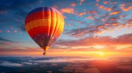Fototapeta premium Hot Air Balloon at Sunrise: A vibrant hot air balloon floating gracefully in the sky at sunrise. 