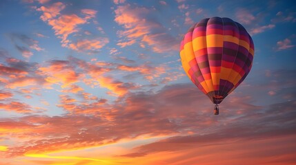 Fototapeta premium Hot Air Balloon at Sunrise: A vibrant hot air balloon floating gracefully in the sky at sunrise. 