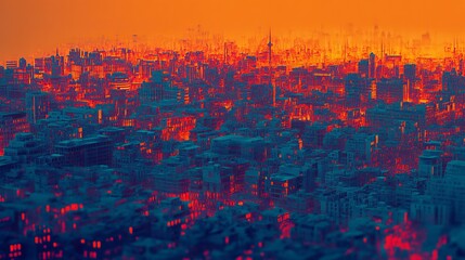Obraz premium Heatmap of an urban landscape, with vibrant colors showing the most densely populated areas and cooler tones in the less crowded streets. 4K hyperrealistic photo.