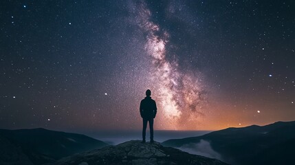 Fototapeta premium astronomy time long exposure landscape photography. A man standing in a high place looking up in wonder to the Milky Way galaxy