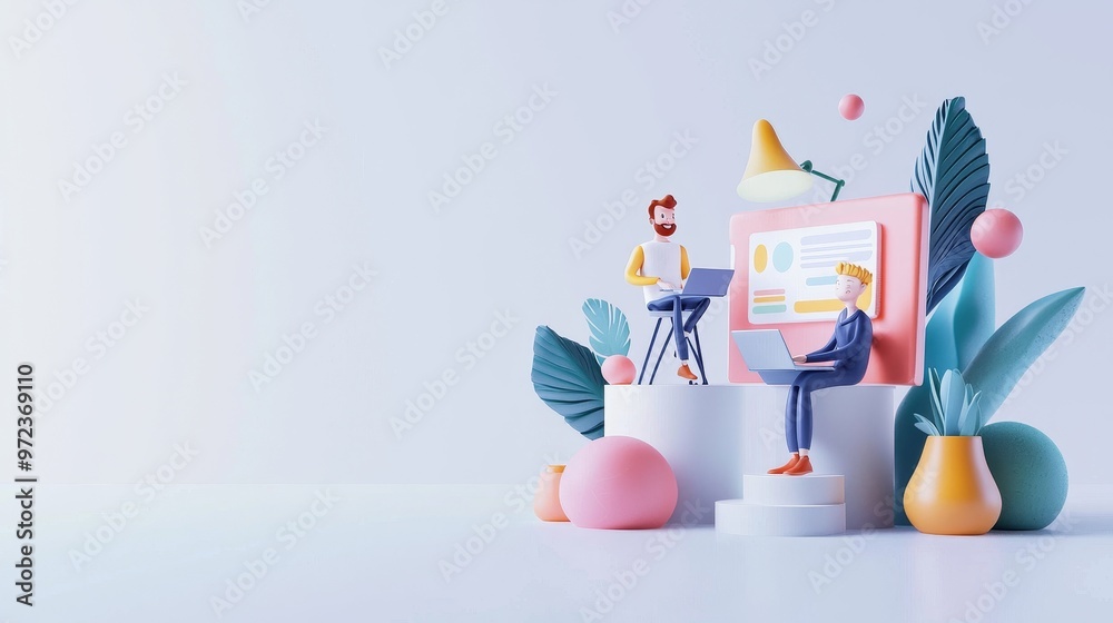 Aufkleber An illustration of teamwork in web UI UX design. Team members are building the website user interface in 3D.