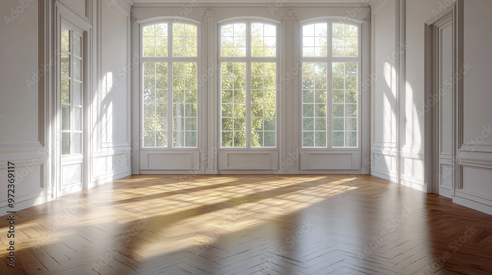 Poster classic style empty room with big windows and herringbone parquet flooring filled with sunlight: int