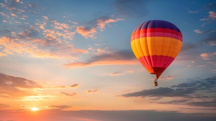 Obraz premium Hot Air Balloon at Sunrise: A vibrant hot air balloon floating gracefully in the sky at sunrise. 