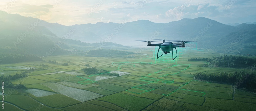 Poster drones used for agriculture, including research, safety, rescue, and terrain scanning technologies. 