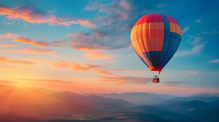 Obraz premium Hot Air Balloon at Sunrise: A vibrant hot air balloon floating gracefully in the sky at sunrise. 