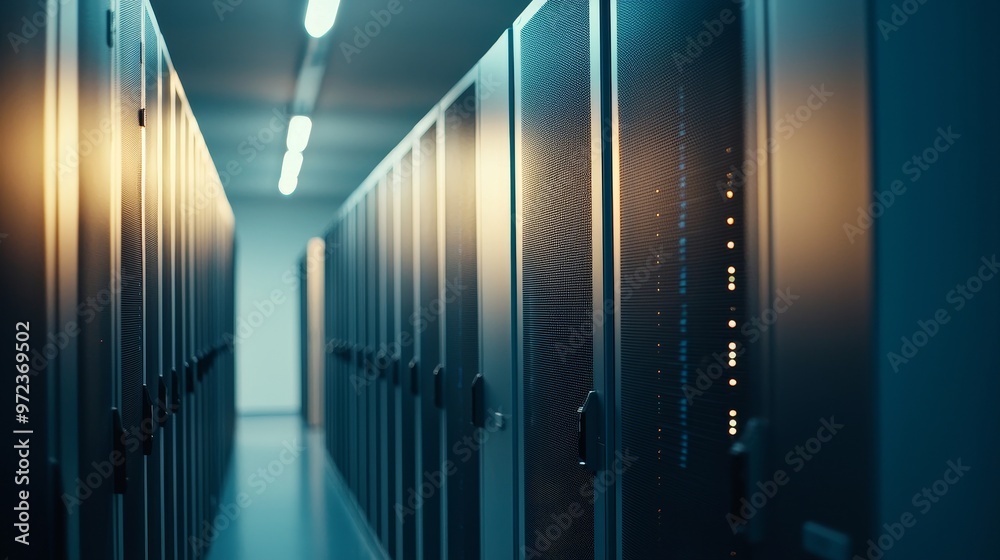 Poster An illustration of a data center with many rows of fully operational server racks. Modern telecommunications, cloud computing, stock, databases, and supercomputers are represented.