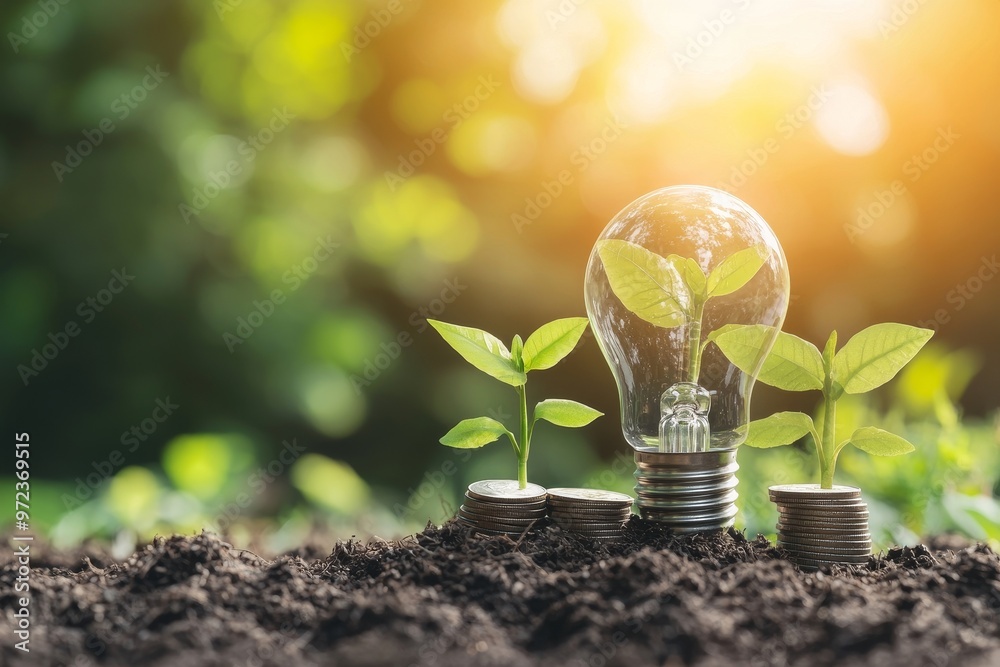 Poster a lightbulb with a tree and coins on a sunny background, symbolizing the conservation of energy and 