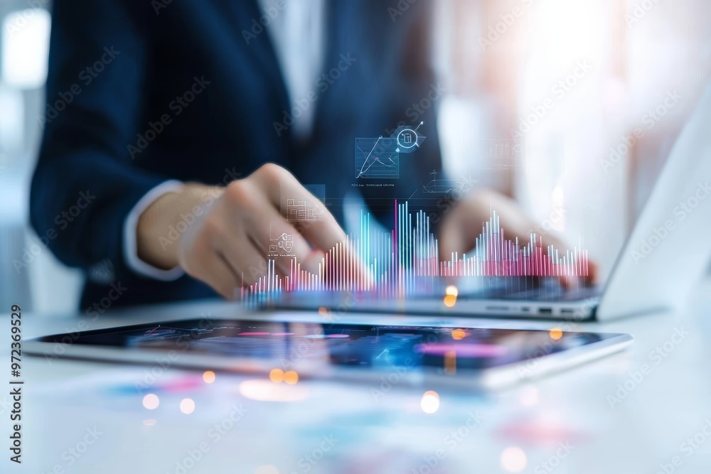 Poster tablet and laptop used by a businessman for analyzing sales statistics and economic growth graphs. m