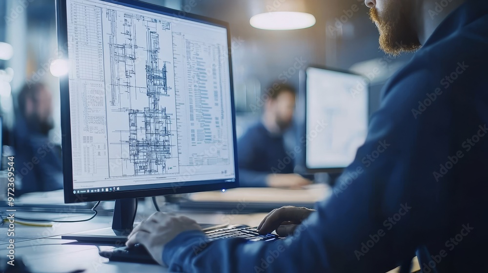 Poster In the background, a building specializing in industrial design is seen in the background. An engineer is working on CAD software, scrolling through technical details on a desktop computer.