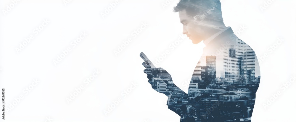 Poster On a modern cityscape background, a double exposure image shows a business person using a smartphone or mobile phone device as part of a business communication network.