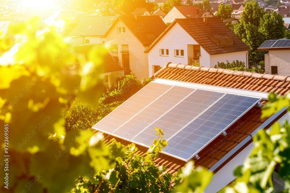 Poster in the sun, solar panels on the roof of a building are visible through grape leaves. this image is f