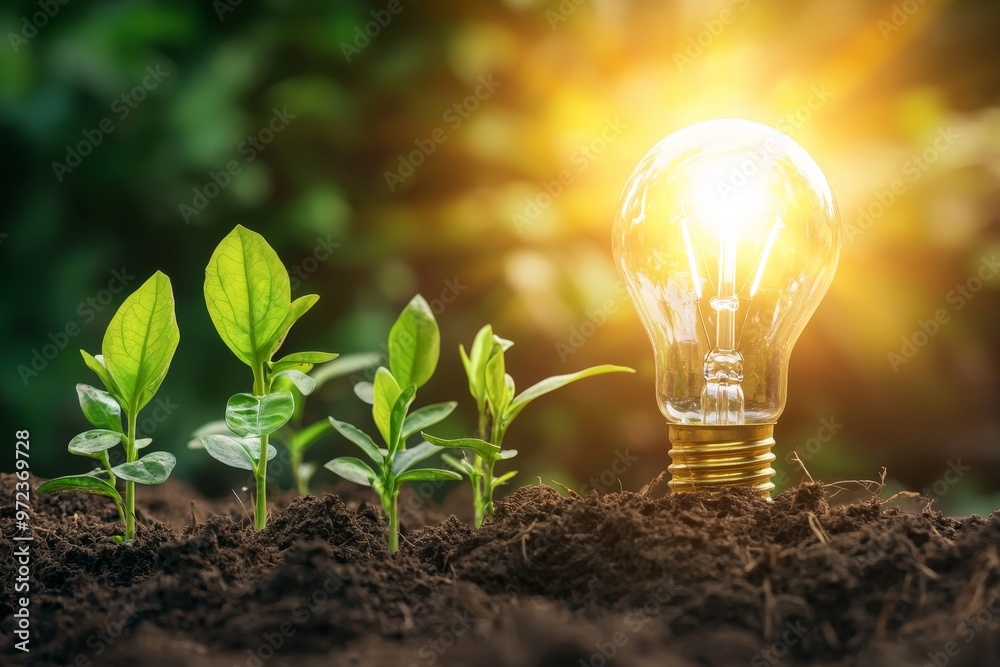 Poster The concept of saving energy and saving the world was represented by a light bulb tree with sunlight on the soil.