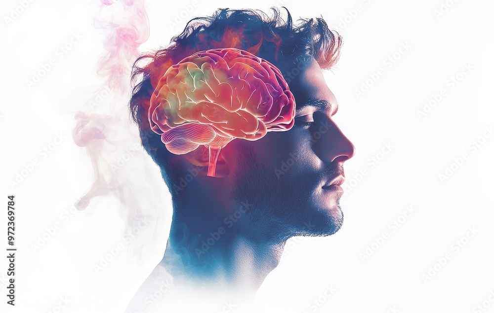 Poster brain and head of man. deep learning, machine learning and stock, ai technology, thinking concept.