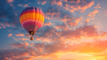 Fototapeta premium Hot Air Balloon at Sunrise: A vibrant hot air balloon floating gracefully in the sky at sunrise. 