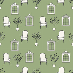 Green cozy pattern with chair, windows and potted plants, outline hand drawn doodles, perfect for home decor.