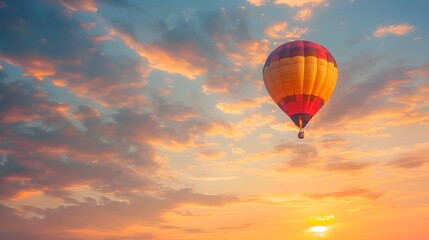 Obraz premium Hot Air Balloon at Sunrise: A vibrant hot air balloon floating gracefully in the sky at sunrise. 