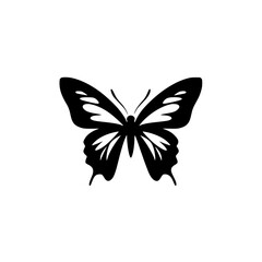Black and white butterfly silhouette illustration, Simple black and white silhouette of a butterfly with intricate wing patterns, perfect for nature and design themes.
