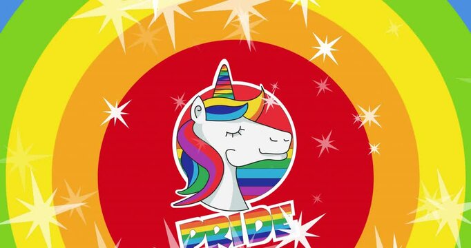 Animation of pride lgbtq text, unicorn and stars falling over rainbow background