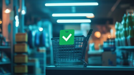 Confirmation of digital purchase with a green checkmark, highlighted on an e-commerce