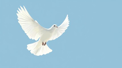 A single white dove flying against a blue sky.