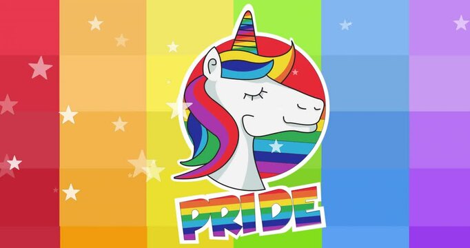 Animation of pride lgbtq text, unicorn and stars falling over rainbow background