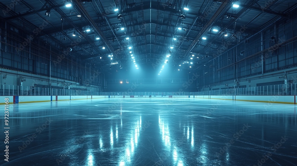 Poster empty ice hockey arena with dramatic lighting