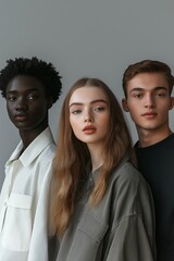 Fototapeta premium Three people are standing in a row, with one of them wearing a white shirt. The other two are wearing black and grey shirts. The woman in the middle is wearing a grey shirt and has long hair