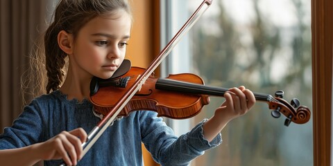 Fototapeta premium A young girl is playing the violin. She is wearing a blue dress and is holding the instrument with both hands. Concept of innocence and creativity, as the girl is learning to play a musical instrument